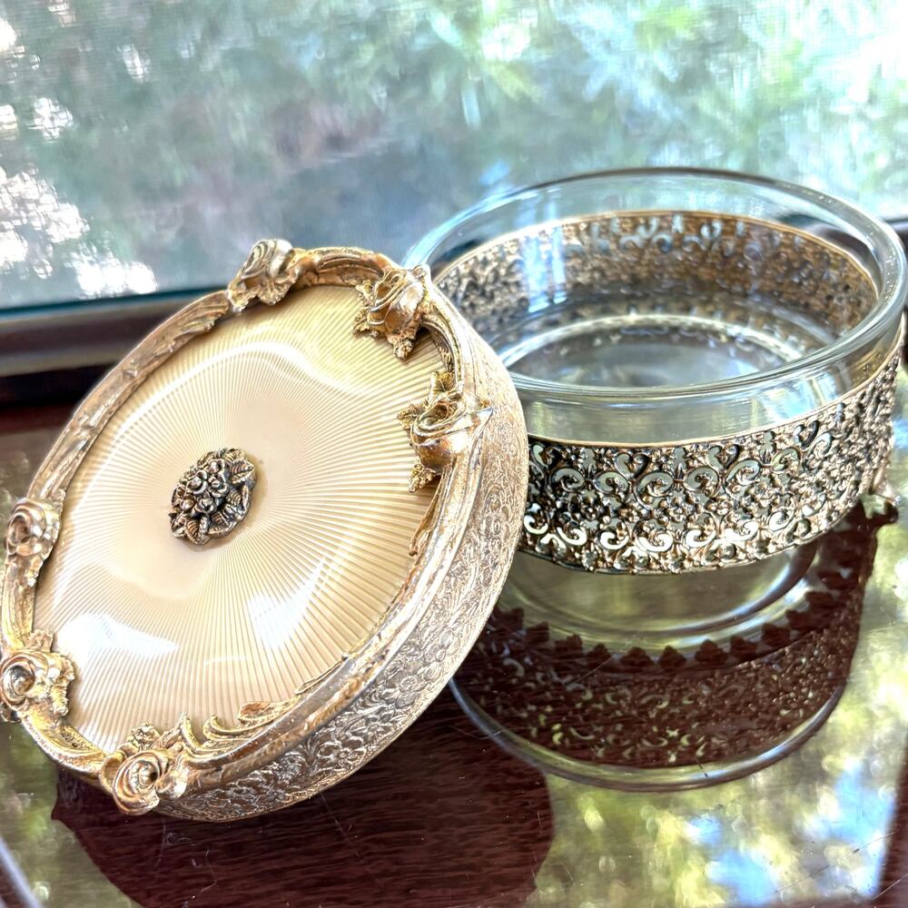 Vintage Ornate Gold Tone Filigree Trinket Box with Glass Insert